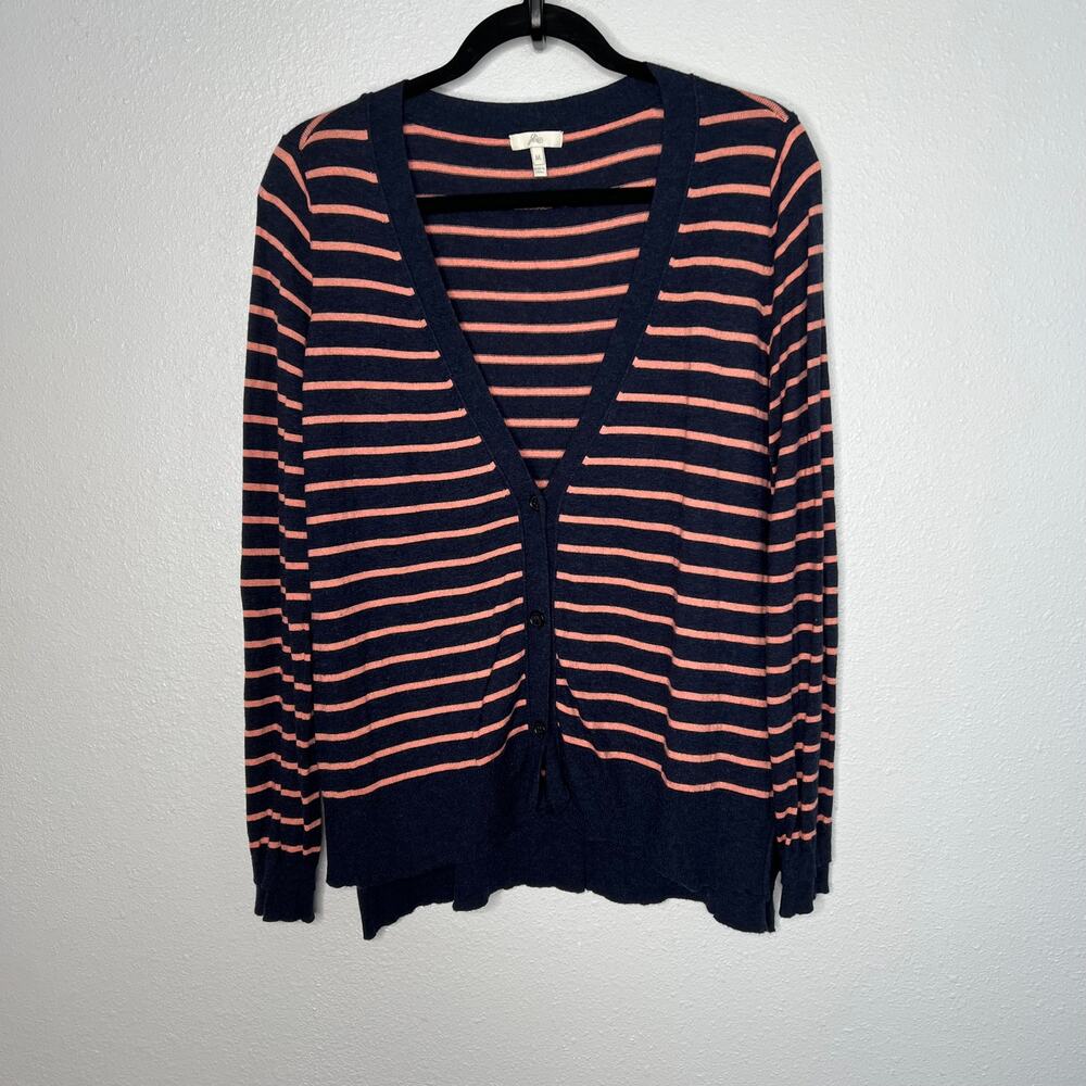 Joie Striped Sweater Cardigan Navy Blue Coral Wool BlendV-Neck Long Sleeve Sz M